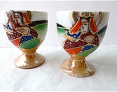 Satsuma Style Egg Cup Pair - Hand Painted Saki Cups - Made in Japan Mepoco Ware Moriage - Porcelain - Japanese - Vintage Lusterware
