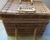 Vintage Picnic Basket - Woven Slats and Wicker Gimp Wrapped Handles - Suitcase Basketry - Cotton Lined INterior - Hinged Lid