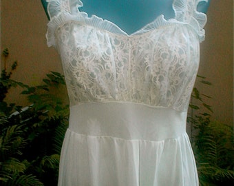 Pale Blue Nightgown - Ruffled Straps Long Dressing Gown -  Bodice Lace  - Dinah Shore Nylon Trico Lingerie -  Vintage 60s Sleepwear Size 34