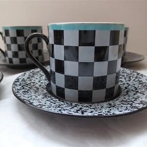 Cappuccino Cups Set of 4 - Mug and Saucer - Vintage 1980 Funky - Black White Turquoise - Small Coffee Mugs - Tea Cups Set
