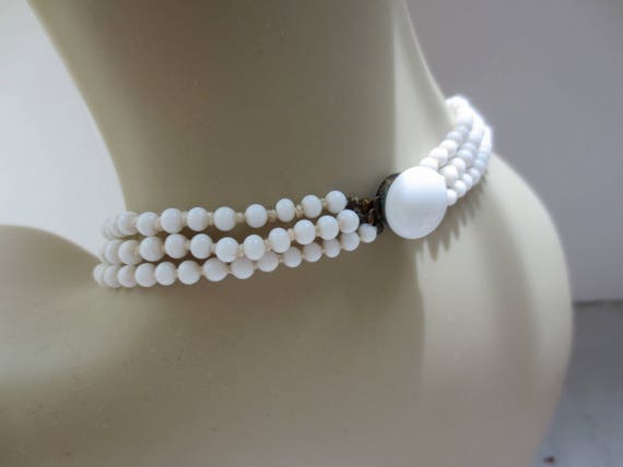 White Milk Glass Choker Necklace  - 3 Strand Knotted Glass Beads - Vintage Mid Century Multi Strand Luxe - White View 5