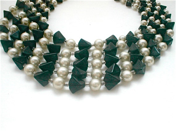 5 Strand Necklace -  Pearl and Sculpted Black Bea… - image 1