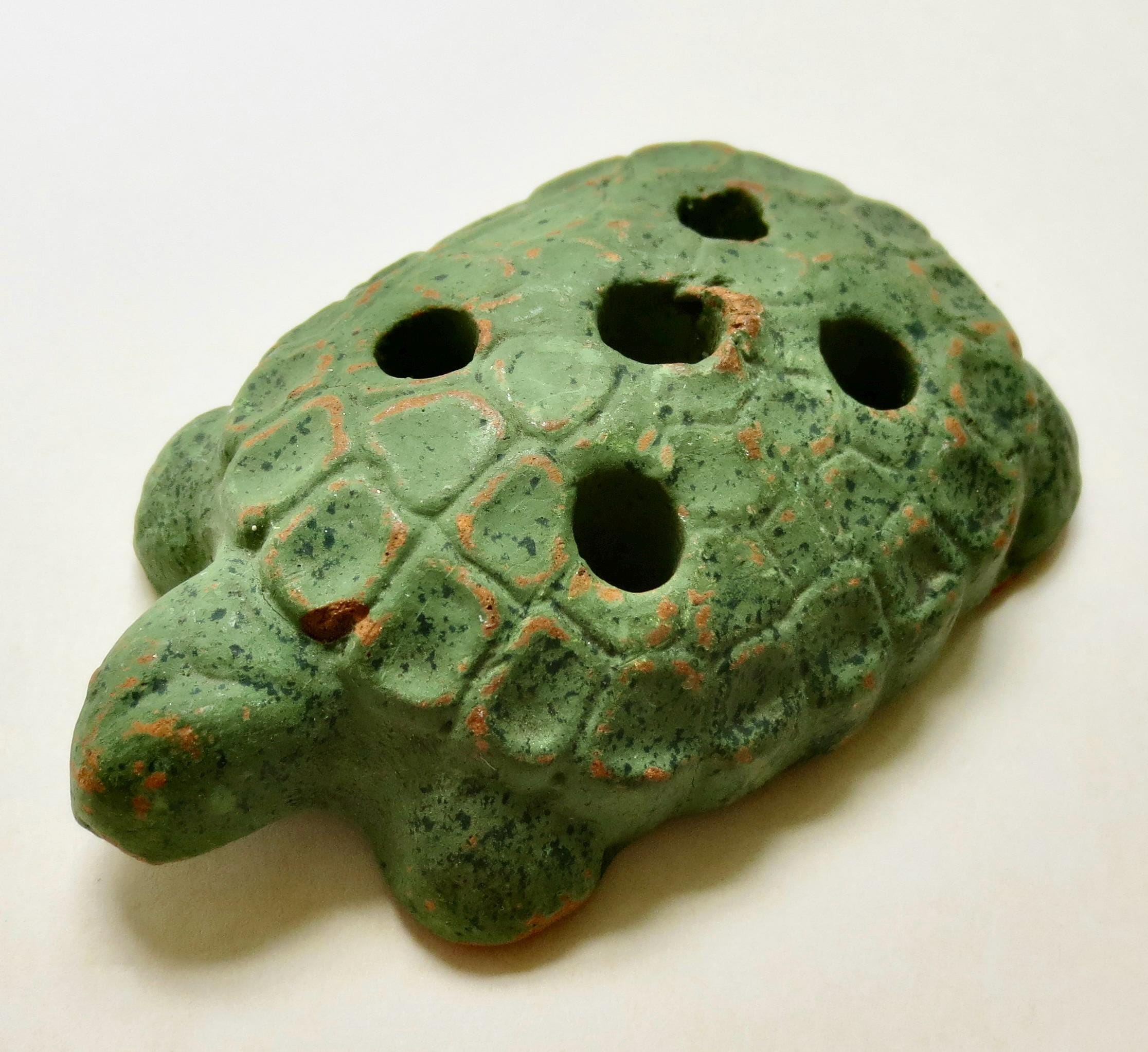 Green Turtle Flower Frog - For Floral Arranging - Ceramic Pottery -  Paper or PencilHolder and Desk Organizer