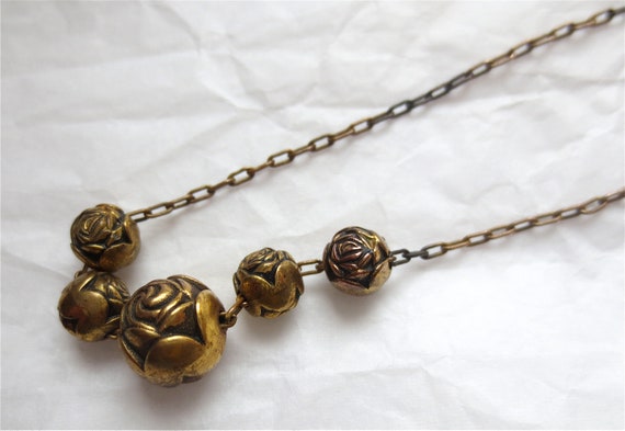 Vintage 60s Brass Rose Beaded Necklace - Choker 1… - image 4