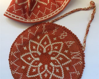 Beanie and Bag - Hand Made  Crocheted - Vintage 1930s - Circular Purse Swingin' Cap Set