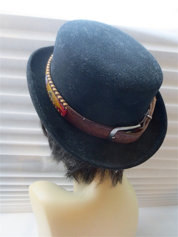 BoHo Hat - Black Wool Felt-With Beaded Leather Ba… - image 5