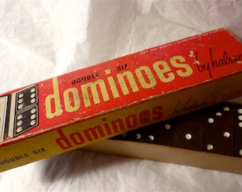 Domino Game in Box ---  Vintage 50s  - Double Six Game by Halsam - Empire State Building on Back of Each - Slick Tile Game