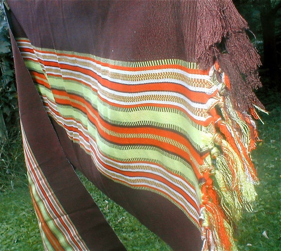 Hand Woven Shawl - Vintage Hand Made -Chocolate In Autumn Stripes