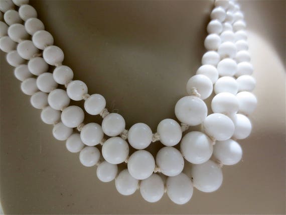 White Milk Glass Choker Necklace  - 3 Strand Knotted Glass Beads - Vintage Mid Century Multi Strand Luxe - White View 6