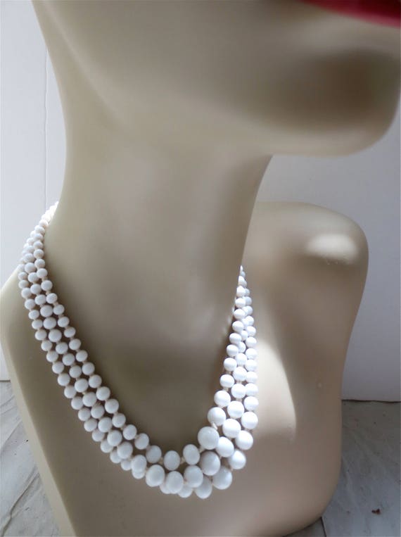 White Milk Glass Choker Necklace  - 3 Strand Knotted Glass Beads - Vintage Mid Century Multi Strand Luxe - White View 2