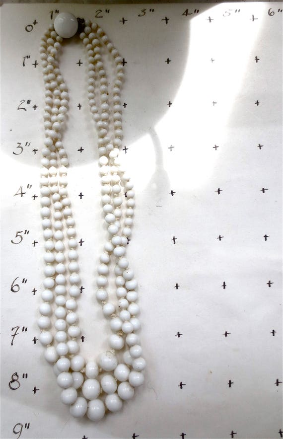 White Milk Glass Choker Necklace  - 3 Strand Knotted Glass Beads - Vintage Mid Century Multi Strand Luxe - White View 4