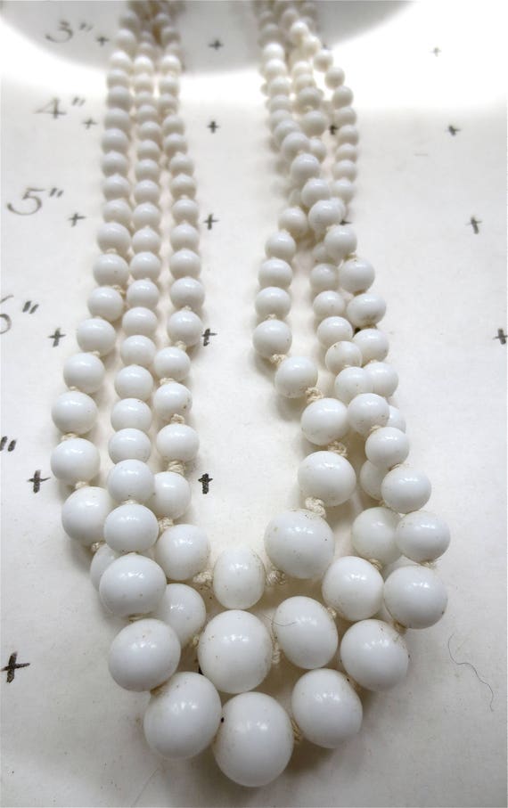 White Milk Glass Choker Necklace  - 3 Strand Knotted Glass Beads - Vintage Mid Century Multi Strand Luxe - White View 3