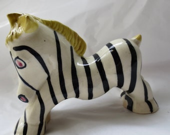 Art Deco Zebra - Outsider Art Ceramic Figurine  -  Hobby Art - Bright Glazed African Beast - Vintage 1950s