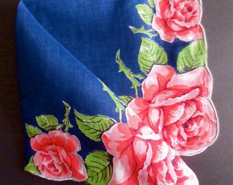 Roses - Big Fat Roses Handkerchief - Navy Ground - Vintage 1960s Linen Hankie -