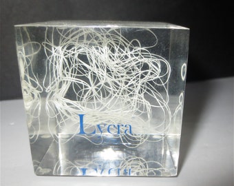Historic Fibers Caught At Play - Cast Acrylic Resin Cube - Lycra Spandex Fibers - Vintage  Paperweight