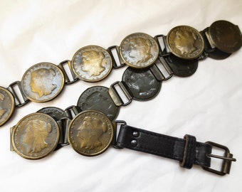 Bronze Coins of the Realm  Belt - Vintage 90s Big Faux Coins - Black Leather  - Size M -  Accessories