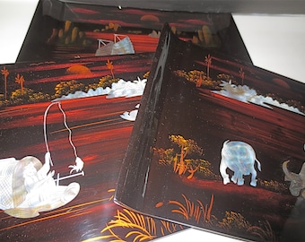 Set of Three Lacquered Trays - Made in Viet Nam - Mother of Pearl Inlay - Traditional Scenes -