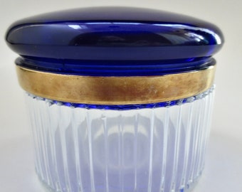 Vintage Vanity Powder Jar - Cobalt Blue and Brass Rimmed - Dresser and Trinket Jar - Toiletry Storage