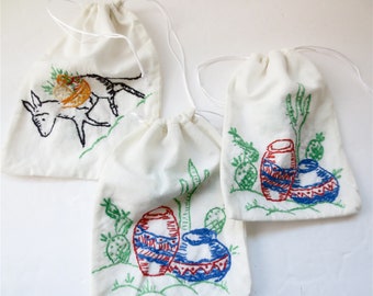 Embroidered Pouches - Set of Three -  Mexico Made -  Donkey and Pots with Cactus - Cotton Fabric - Drawstring Pockets