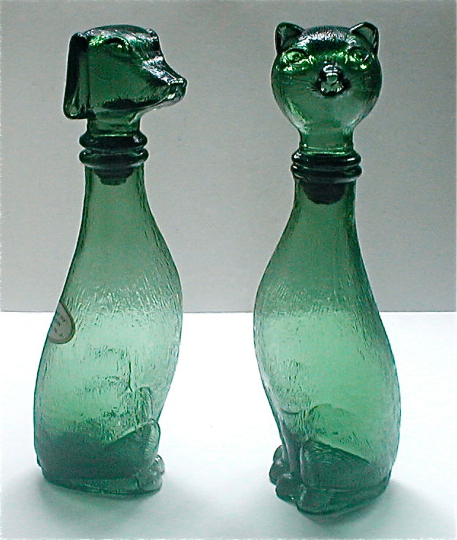 Green Glass Cat and Dog Decanter Bottles Vintage 60s Kitsch Etsy