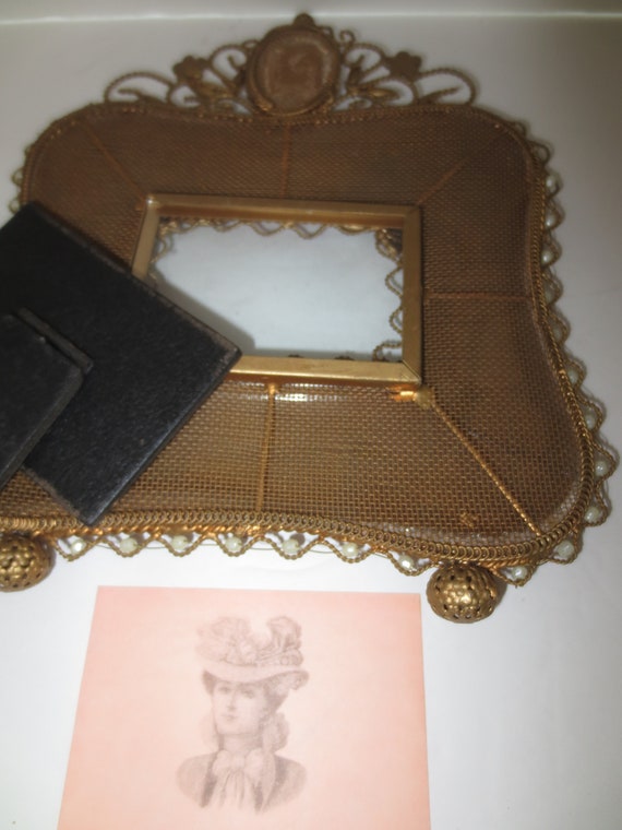 Dusty Rose Opulence Velvet Picture Frame Easel Stand Alone Rhinestones  Pearls and Gold Wiring Art 