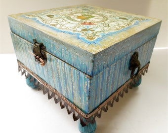 Forget Me Not Jewelry Chest - Hand Painted - Antique Valentine Collage - Jewel Box of Covetables No. 3