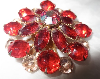 Bright Ruby Starburst Brooch - Mixed Faceted Glass Gems - Vintage Early 1960s - 2+  Inches Big