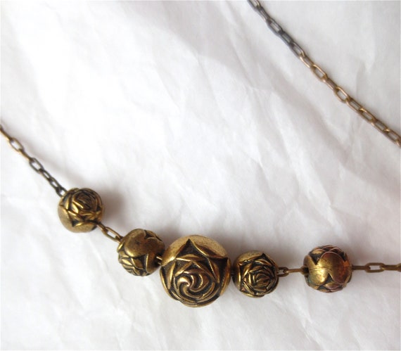 Vintage 60s Brass Rose Beaded Necklace - Choker 1… - image 7