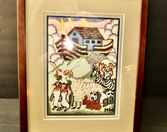 Noah's Ark Needlepoint  - Hand-Sewn Wool Thread on Canvas -Walnut Wood Framed - Circa 1960s - Biblical Story