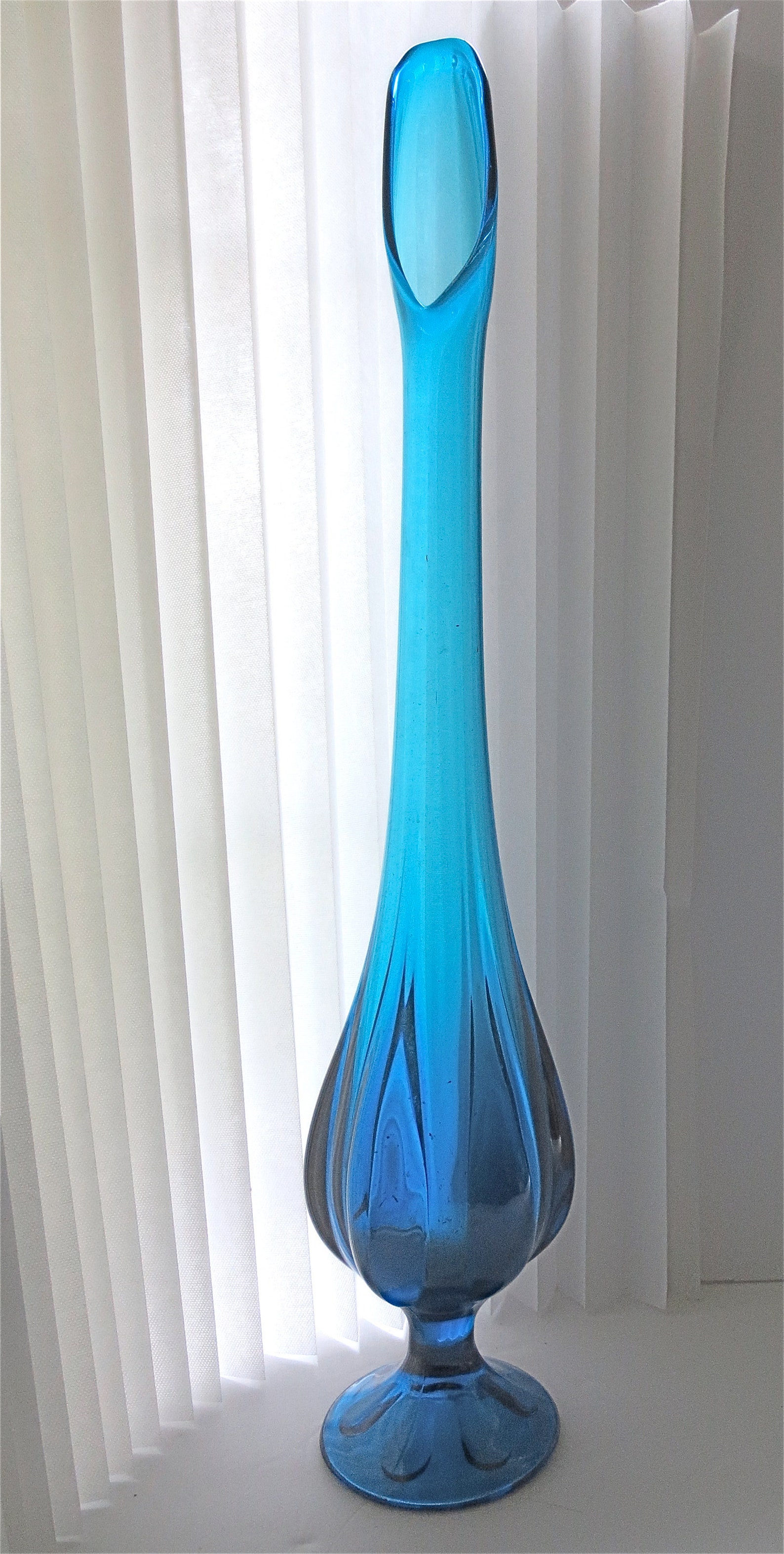 Turquoise Swung Glass Vase Mid Century Modern 23 Inch Tall Etsy