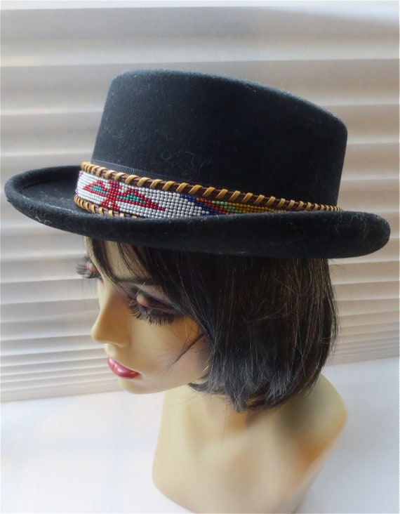 BoHo Hat - Black Wool Felt-With Beaded Leather Ba… - image 3