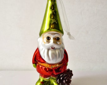 Friendly Gnome Blown Glass Ornament - Vintage 1990s  - Holiday Tree Ornament
