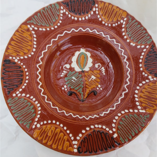 Artful Slip Traced Redware Dish  -  Hanging Slipware Plate -Pennsylvania German Redware