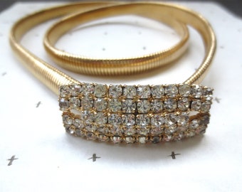 Pave' Rhinestone Buckle on Golden Snake Metal Belt - Stretchable Golden Belt