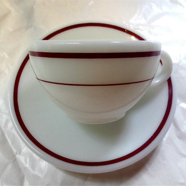 Corning Pyrex Tableware Coffee / Tea Cup and Saucer - Vintage Cafe Restaurantware - White Milk Glass with Royal Burgundy Stripe