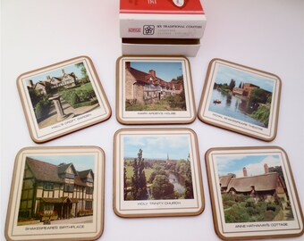 Shakespeare's England Coaster Set of 6 - Pimpernil Acrylic - Cork Backed - Vintage 1970s Drinks Barware - Stratford Coasters in Original Box