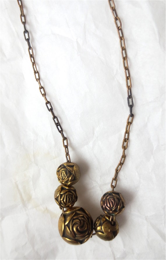 Vintage 60s Brass Rose Beaded Necklace - Choker 1… - image 8