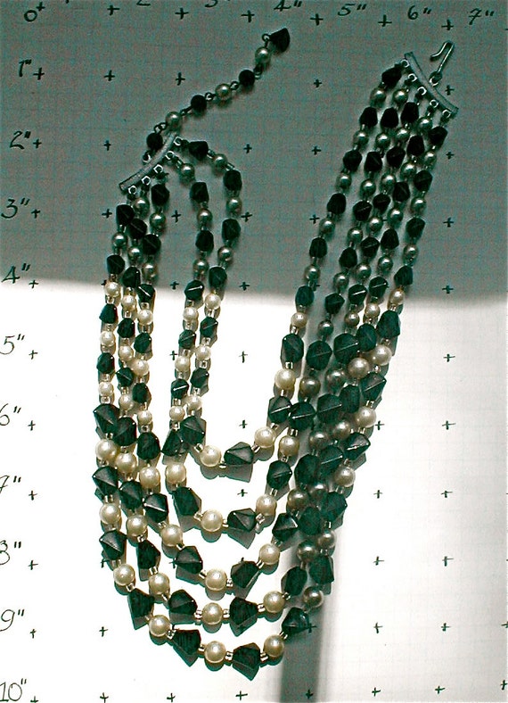 5 Strand Necklace -  Pearl and Sculpted Black Bea… - image 3