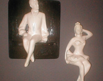 Dancer Duo -  Ceramic Hangings - Vintage 40s Kitsch Decor - Black and White Wall Art