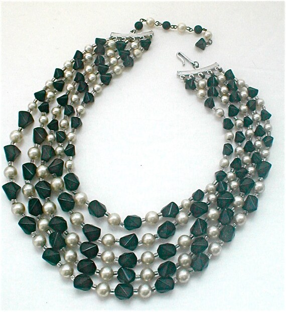 5 Strand Necklace -  Pearl and Sculpted Black Bea… - image 2