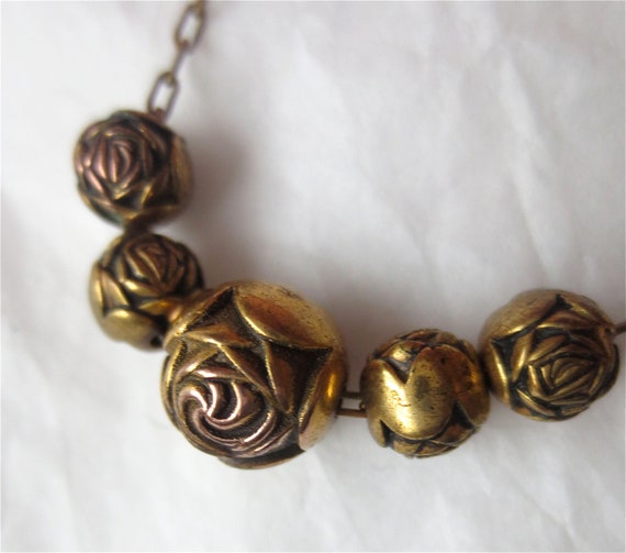 Vintage 60s Brass Rose Beaded Necklace - Choker 1… - image 1
