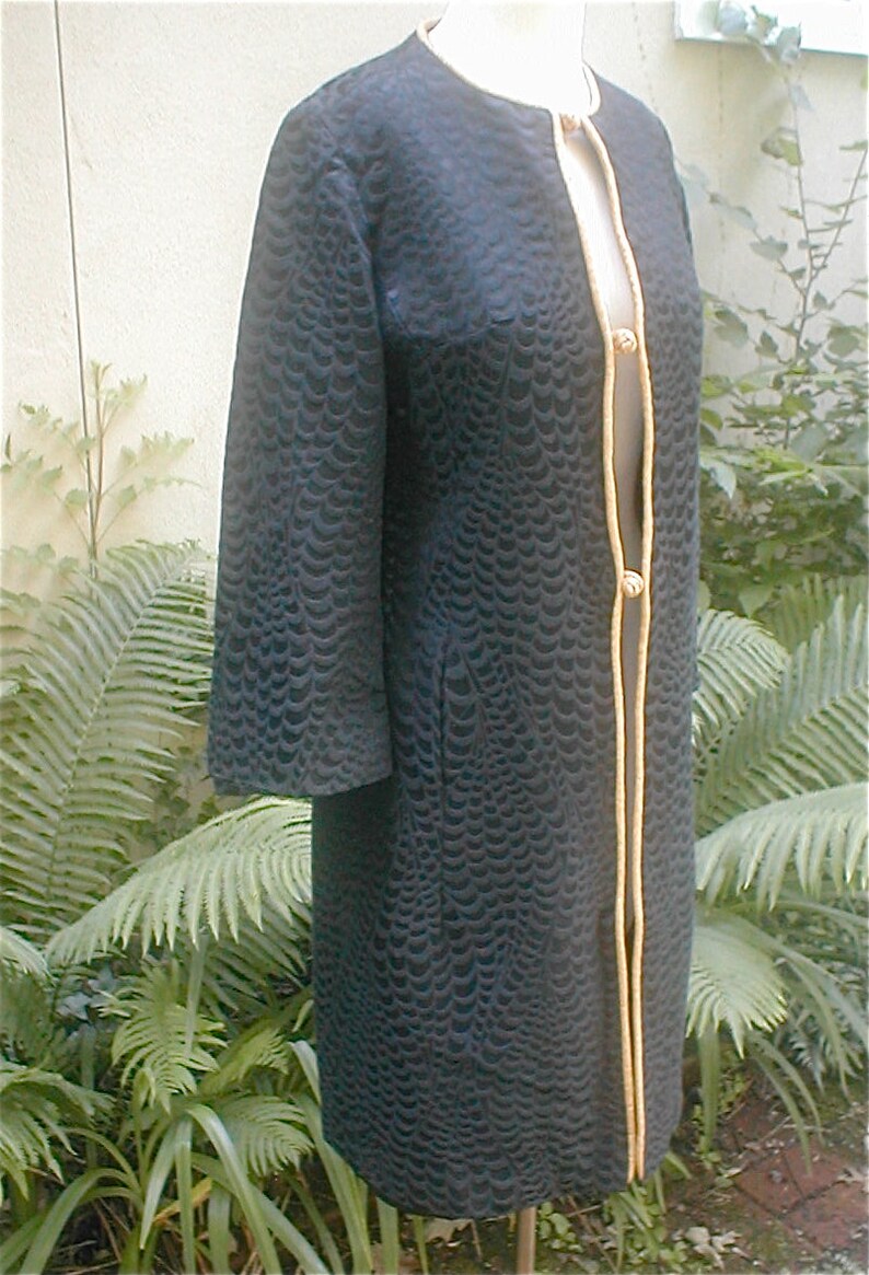 3 Season Vintage 1960s Black Brocade Evening Coat Size 10 Z of San Francisco Black with Gold Piping Bell Sleeved  Dress Coat Mr