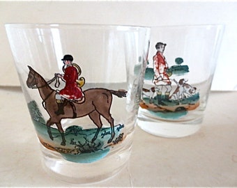 To The Hunt - 2 Hand Painted Rocks Glasses - Barware Glassware - Hand Painted - Huntsman and Hounds and Hunt Master with Horn