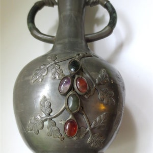 Antique Peiping Pewter Vase - Jadite Handles - Semi Precious Cabs - Made in China Pre 1940s