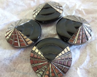 Art Deco Space Ship Glass Buttons -  Vintage Black with Silver Domed Flying Saucer Sweater and Coat Buttons