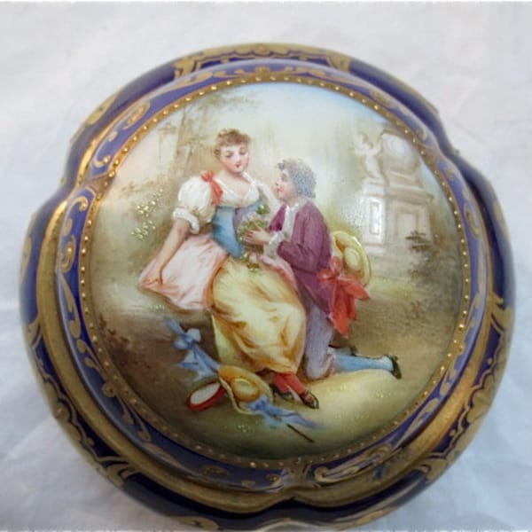 Royal Vienna - Antique 1880s Porcelain Jar - Hand Painted  - Coblat Blue with Gilded Accent Designs -