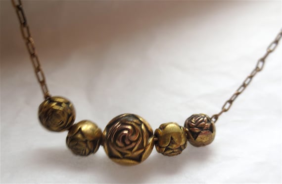 Vintage 60s Brass Rose Beaded Necklace - Choker 1… - image 2