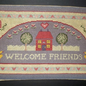 Needlepoint -  Friendly Welcome - Hand-Sewn Wool Thread on Canvas - Unframed - Circa 1960s