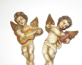 Cherub Musical Duo -  Sculpture Hanging Plaques - Made in Italy - Vintage 1980s - Finely Crafted -  Two Angels