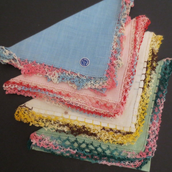 Color Code hankie Collection - 4 Handkerchiefs - Irish Linen with Fancy Thread Lace Edgings -